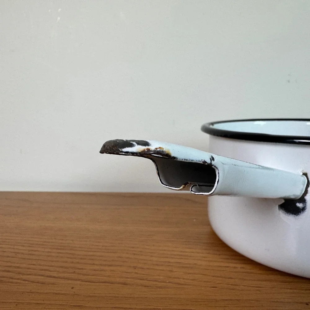 Vintage VPS White Enamelware Saucepan 18cm Black Trim Farmhouse Decor Pot